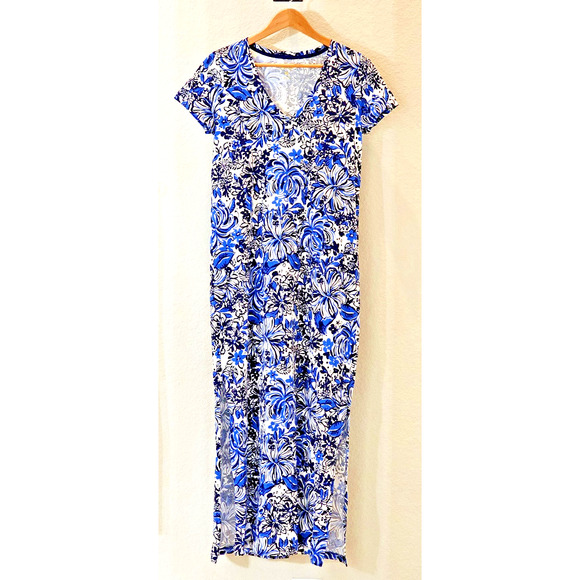 Lilly Pulitzer Etta Maxi Dress Low Tide Navy 100% Pima Cotton Sz Med Cap Sleeve - Picture 1 of 9